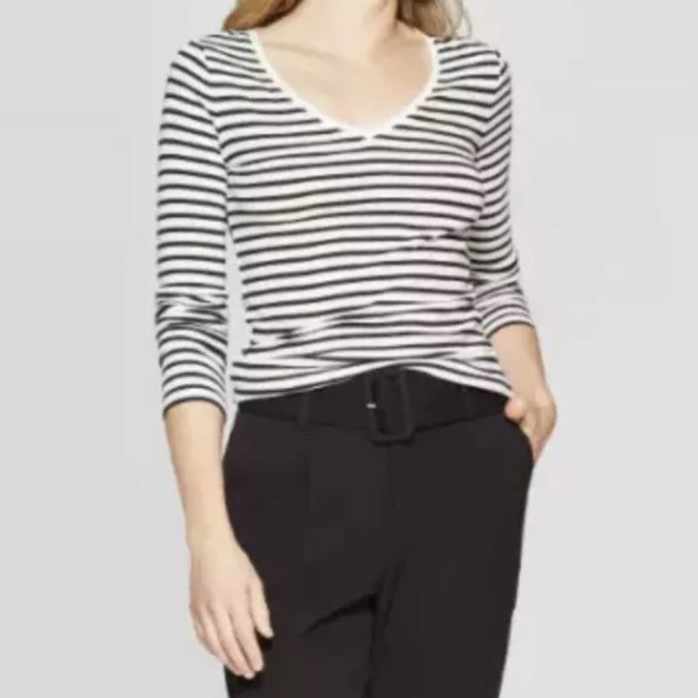 a new day Black and White Striped Long Sleeve Tee